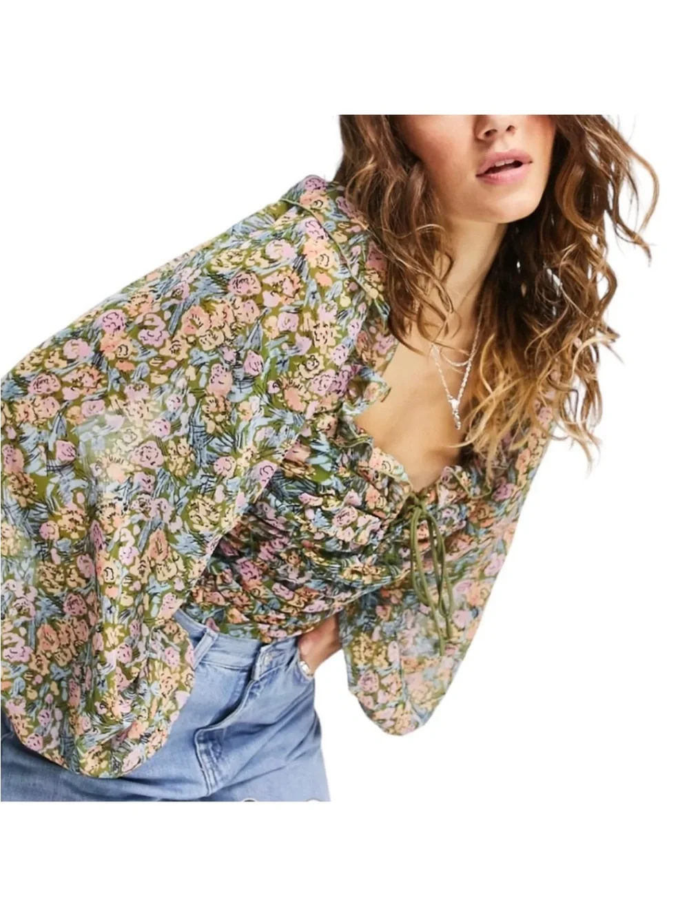 Free People Floral Smocked Puff Sleeve Top